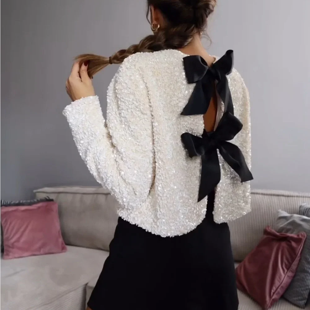 H&M viral bloggers fav white sequin black bow ribbon tie front cardigan / blouse - Picture 9 of 13